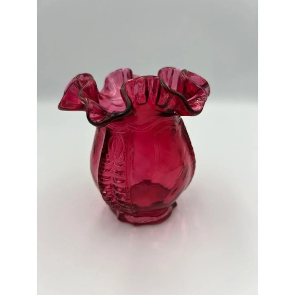 Fenton Cranberry Glass Ruffled Feather Bud Vase Pink Art Glass 4.5in
